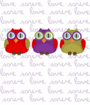 Fototapeta Junior 202 - trzy sowy, trzy ptaki, fiolet, napisy