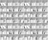 Fototapeta Salon 140 - biblioteczka, książki, białe, szarości, scandy
