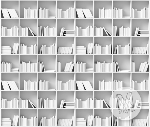 Fototapeta Salon 140 - biblioteczka, książki, białe, szarości, scandy