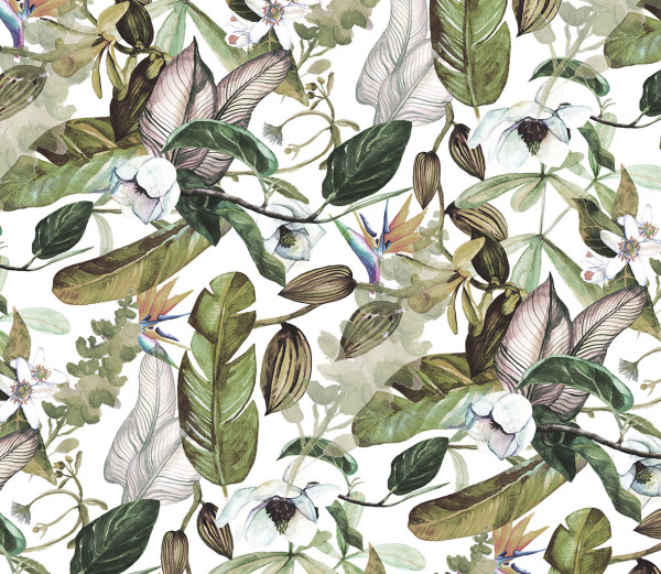 NOWOŚĆ 44- tropical leaves, summertime, liście, jungle, zieleń, tropiki, skrzydłokwiat, white flowers