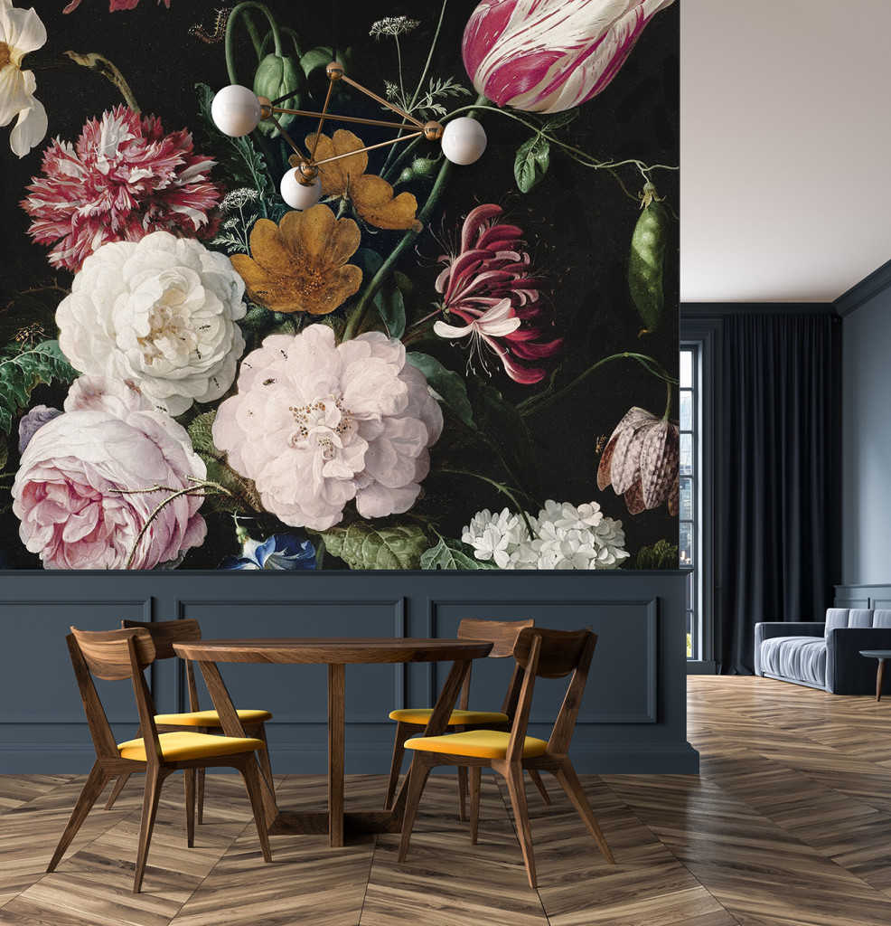 Black dining room, wooden chairs