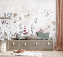 Mock up frame in children room with natural wooden furniture, 3D