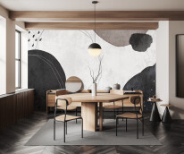 Light dining room interior with seats and table, window and mockup poster