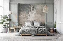 Pastel green bedroom with bed and light. Light background with copyspace. website, presentation, or photo backdrop. Generative AI