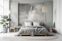 Pastel green bedroom with bed and light. Light background with copyspace. website, presentation, or photo backdrop. Generative AI