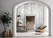 Living room with white walls, a tiled floor, and a white armchair. a vertical poster in a frame. a door with an arch. a mockup. Generative AI