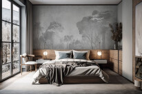 A modern home's master bedroom's corner. Large double bed, window, and two floor lamps are all present. On the wall, there are three posters. a mockup Toned picture. Generative AI