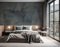 A modern home's master bedroom's corner. Large double bed, window, and two floor lamps are all present. On the wall, there are three posters. a mockup Toned picture. Generative AI