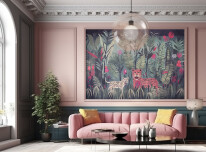 Modern yellow couch and white door in a colorful apartment. Gene