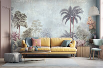 a blue living room with a yellow modern sofa. minimalist design idea style of pastel colors. Generative AI