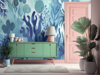 Interior scene in pink and green with picture frame, accessories, and entryway cabinet. Scene in a flat, monochromatic style. Generative AI