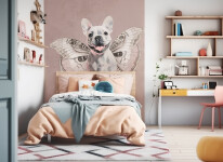 Colorful bedroom design for teenager, single wooden bed and desk
