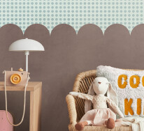 Stylish scandinavian kid room interior with toys, teddy bear, pl