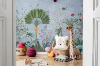Stylish scandinavian kid room with mock up poster, toys, teddy b