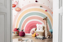 Stylish scandinavian kid room with mock up poster, toys, teddy b