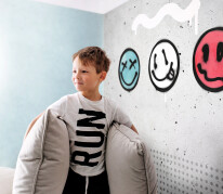 Stylish scandinavian kid room with mock up poster, toys, teddy b