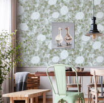 Colorful chairs at wooden table in grey rustic dining room inter